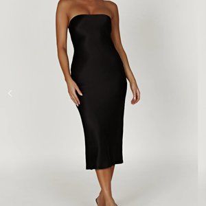 Black Strapless Satin Midi Dress
